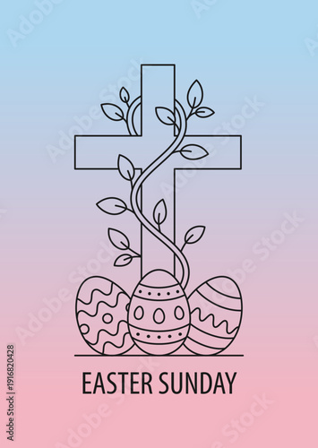Christian cross with decorated easter eggs and vine linear contour drawing with pastel blue and pink colors for greeting card or holiday poster design.