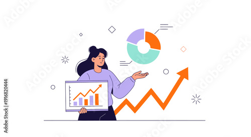 Woman analyzing business growth charts and graphs in a modern office setting from a slightly elevated viewpoint