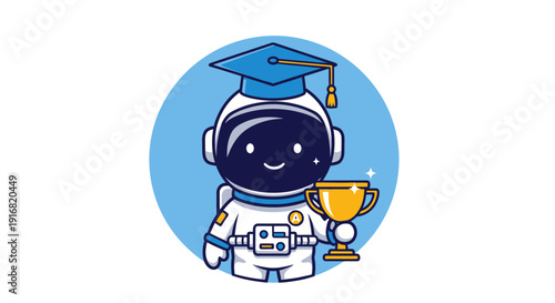 Cartoon astronaut in graduation attire holding trophy, symbolizing achievement and success in educational endeavors.