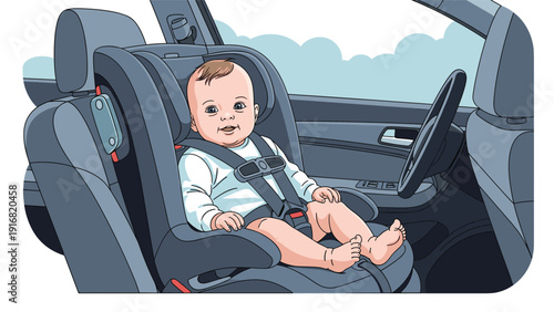 Cute baby sitting safely in modern car seat inside vehicle represents child safety, travel with infants, and parenting.