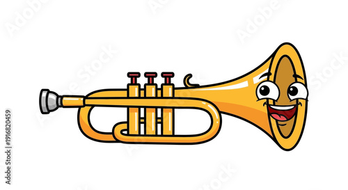 A cartoon trumpet with a smiling face and anthropomorphic features.