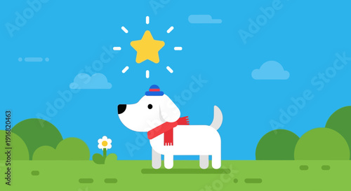 A cartoon dog wearing a red scarf and blue hat stands in a green field with a star above