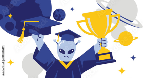 An extraterrestrial graduate celebrates academic achievement holding a trophy amidst celestial bodies in a whimsical illustration