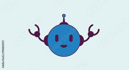 A blue robot with a smiling face and outstretched arms is depicted in a simple illustration style