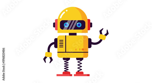 A cartoon robot holding wrenches stands on red feet against a plain background