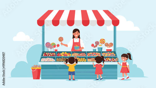 Friendly vendor selling colorful lollipops and assorted candies to young children at outdoor market stall with striped awning.