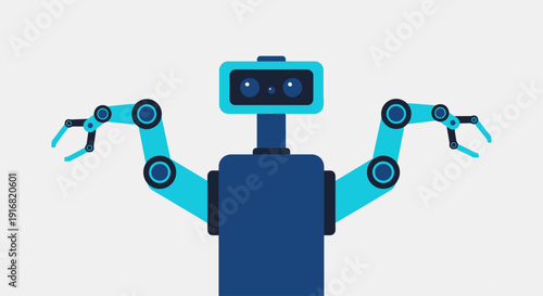 A robotic figure with mechanical arms and a digital screen head standing in a neutral environment from a frontal viewpoint