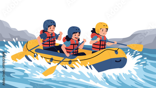 Group of active friends wearing safety gear rafting through white water rapids on yellow inflatable boat in river.