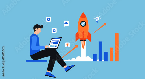 Man sitting on bench using laptop with rocket launching upwards surrounded by charts and graphs in a modern setting