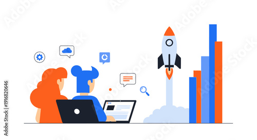 Business professionals analyzing data and launching a project with a rocket symbolizing growth and success in a modern office environment from a front viewpoint