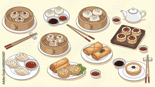 Large assortment of traditional Chinese dim sum including dumplings, buns, and spring rolls served on table with tea.
