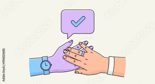 Illustration of hands shaking with a speech bubble and checkmark, symbolizing agreement and confirmation