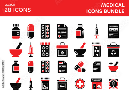 Set of 28 Red and Black Medical Icons Bundle Vector Art, Medicine Pharmacy Healthcare Symbols