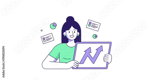Woman holding tablet with upward trending graph surrounded by floating documents and data visualizations