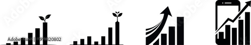 Growth black icons set with bar charts sprouts and mobile data vector art isolated on transparent background