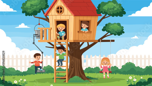Group of happy young children playing together around large wooden treehouse with swing and ladder in sunny backyard.