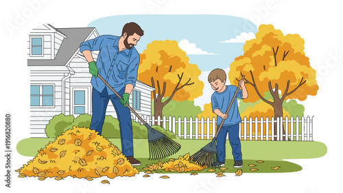 Father and young son working together to rake fallen autumn leaves into pile in backyard of family home during fall season.
