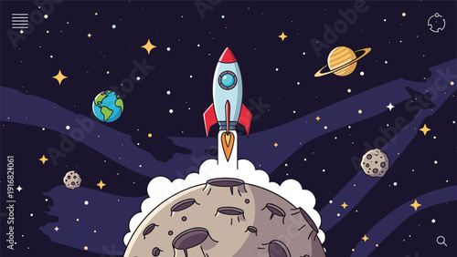 Space rocket launching from cratered moon surface into dark galaxy filled with planets, stars, and distant nebula.