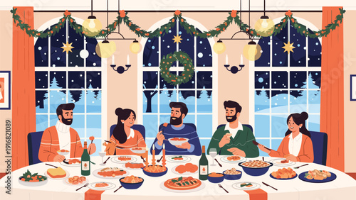 Happy family enjoying Christmas dinner together at table decorated with lights and wreath with snowy view through window.