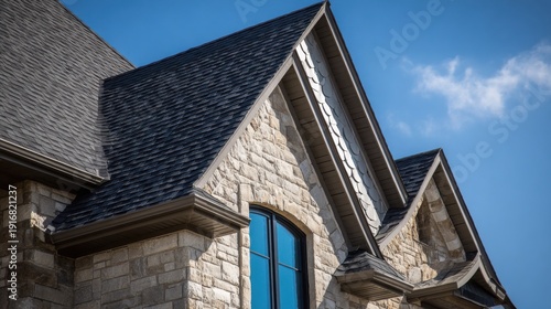 Close-up of modern residential house roof with dark shingles, stone siding, and gutters under a blue sky