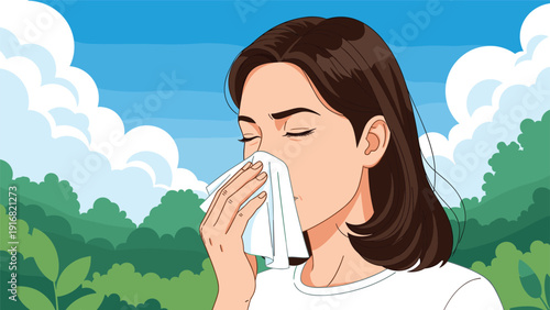 Young woman blowing her nose with white tissue while standing outdoors in green park against blue sky with clouds.