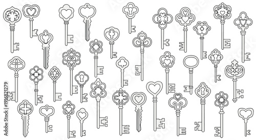 Diverse collection of thirty-six decorative skeleton key designs with intricate heart and floral patterns on their handles on white.