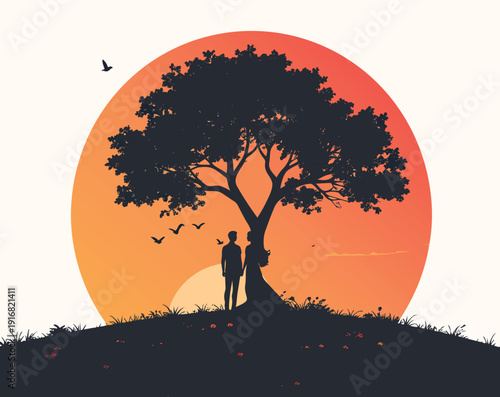 Silhouette of a girl on a swing in a park at sunset with nature and love vibes