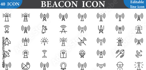 A set of 40 editable beacon icons in various styles and designs for navigation and communication use 