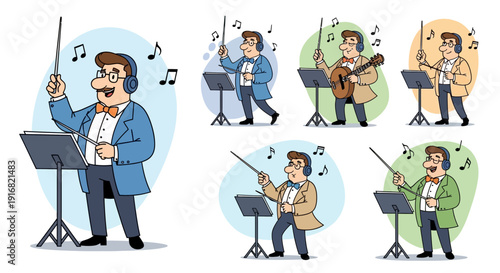 Cartoon Conductor Leading an Orchestra with Various Expressions.
