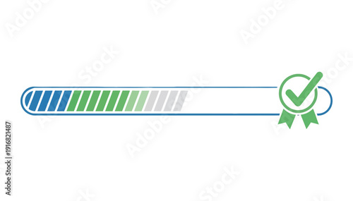 Progress bar loading icon with green check mark indicating completion and verification on a clean white background illustration