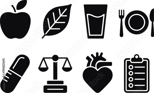 Healthy Lifestyle Icons, Apple, Leaf, Water, Meal, Pill, Scales, Heart, and Checklist for Diet and Wellness