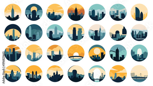 City Skyline logo set. Flat geometric nature landscape icons. Travel adventure badge designs. Vector round mountain peak emblems