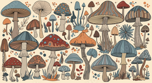 Hand drawn pattern of various wild mushrooms and fungi in earthy tones is displayed on a light cream background for nature and forest lovers.