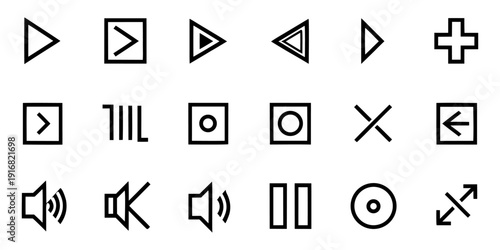 edia Player Controls icon set withplay, pause, stop, fast forward, rewind, skip next, skip previous, shuffle, repeat, volume up symbols for UI apps. thin line app web icon set.