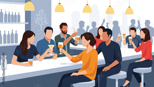 Diverse group of friends socialising and enjoying colorful cocktails at a modern bar with soft ambient lighting.