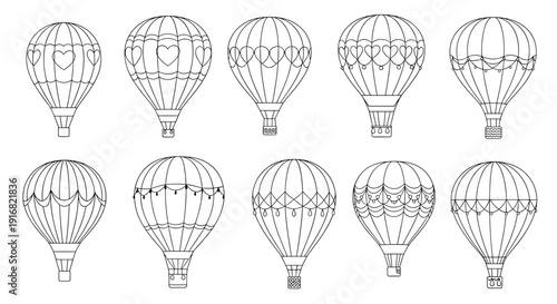 Assortment of hot air balloon line art icons featuring hearts and decorative patterns is provided as a coloring page set for creative hobbies.