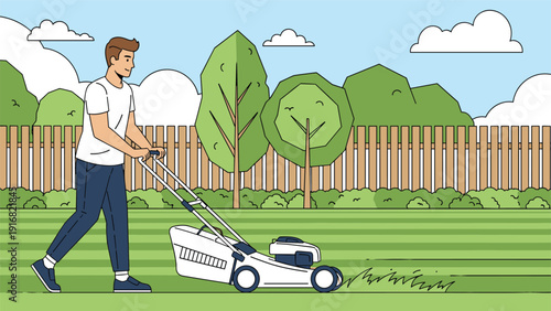 Young man using a white lawnmower to cut green grass in a neat suburban backyard on a bright summer afternoon.