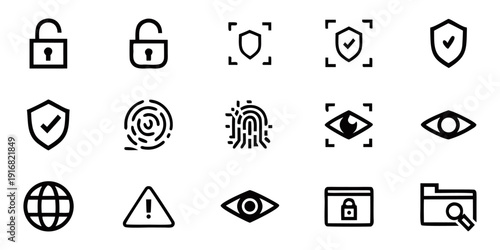 Security & Privacy icon set with lock, unlocked lock, shield, shield with checkmark, fingerprint, face ID scan frame, key symbols for UI apps. thin line app web icon set.
