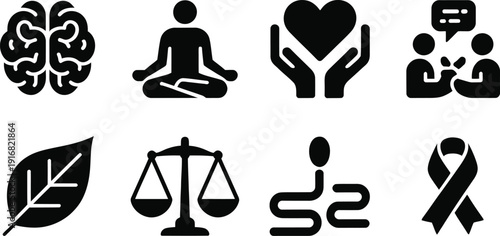 Mental Health and Wellness Icons, Brain, Meditation, Care, Support, Leaf, Balance, and Awareness Ribbon