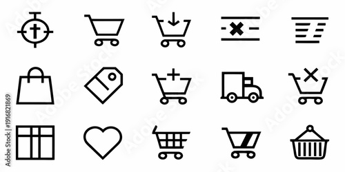 Shopping & E-commerce icon set with shopping cart, shopping bag, add to cart, credit card, payment confirmation, receipt symbols for UI apps. thin line app web icon set.