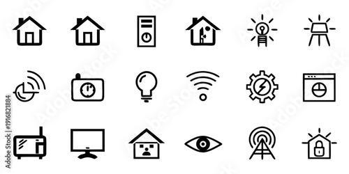 Smart home and IoT icon set with smart home hub, Wi-Fi signal, smart light bulb, thermostat, security camera, smart lock for UI apps. thin line app web icon set.