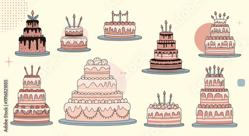 Collection of various illustrated tiered birthday cakes with different frosting styles, candles, and fruit toppings on a light background.
