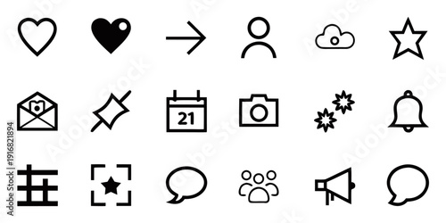 Social Media icon set with like heart, comment bubble, share arrow, repost, follow user, unfollow user, user profile, add friend symbols for UI apps. thin line app web icon set.