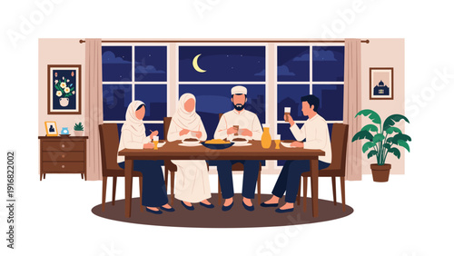 Muslim family sharing a traditional meal together at night during the holy month of Ramadan with a crescent moon.