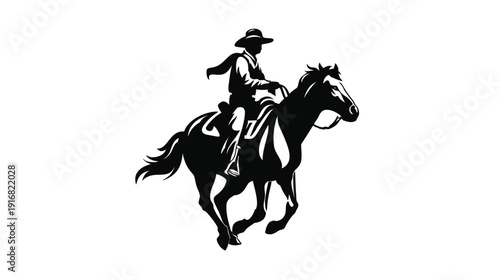 A silhouette illustration of a rider on a running horse, rendered in solid black