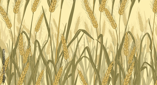Seamless pattern illustration of golden wheat field with ripe ears and long leaves representing agriculture and harvest season themes.