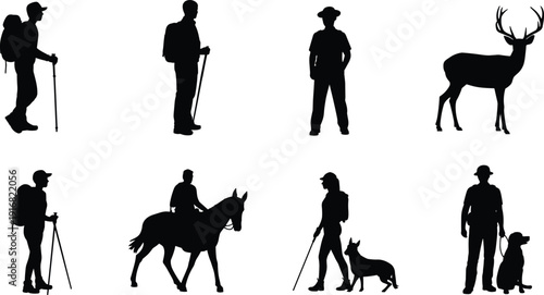 Outdoor hiker silhouette collection, traveler walking with backpack set, mountain trekking shapes, horse riding outlines, human and dog icons, flat vector illustration, cad drawing.