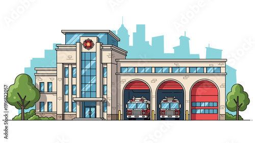 Contemporary fire station building featuring three large red garage doors and modern emergency vehicles inside.