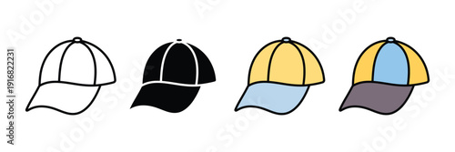 Baseball cap icon vector set. Sports hat symbol for casual fashion, headwear retail, and outdoor sun protection. Vector Illustration.