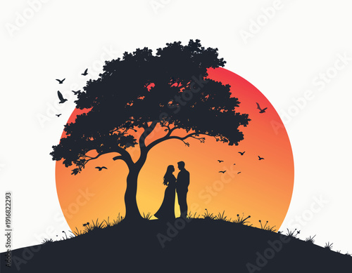 Silhouette of a girl sitting on a tree with her dog in a park at sunset
